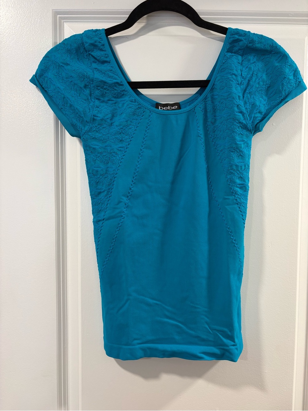 bebe Turquoise Scoop Neck Lace-Trim Cap Sleeve Top
